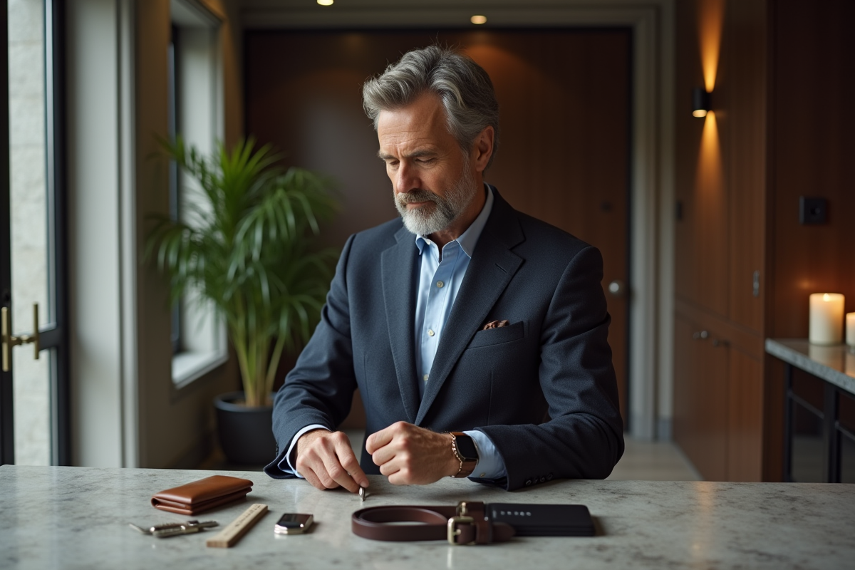 Homme préparant ses accessoires dans un couloir moderne