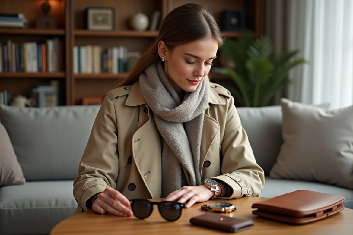 Jeune femme arrangeant accessoires mode dans un intérieur lumineux