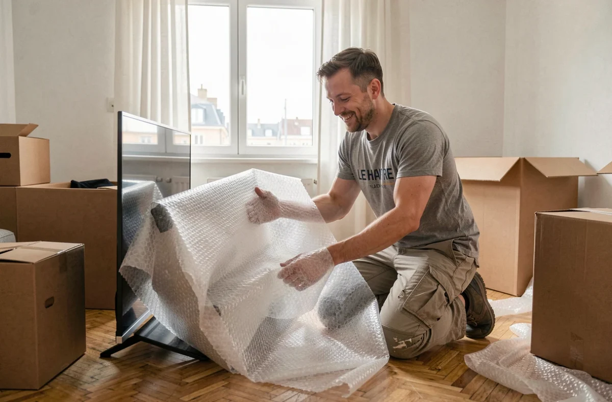 Déménageur souriant d'ADC Déménagement emballant un téléviseur dans un appartement havrais avec cartons et matériaux de protection