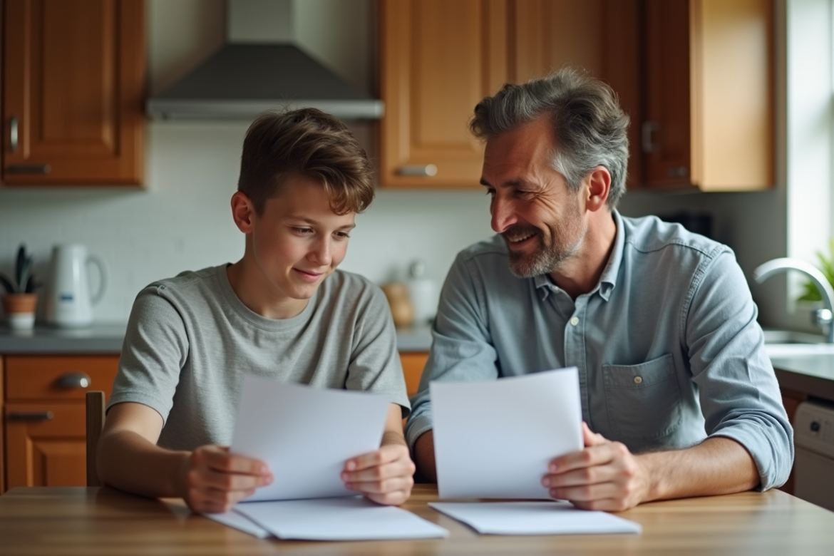 Adolescent et son beau-pere regardent des papiers ensemble