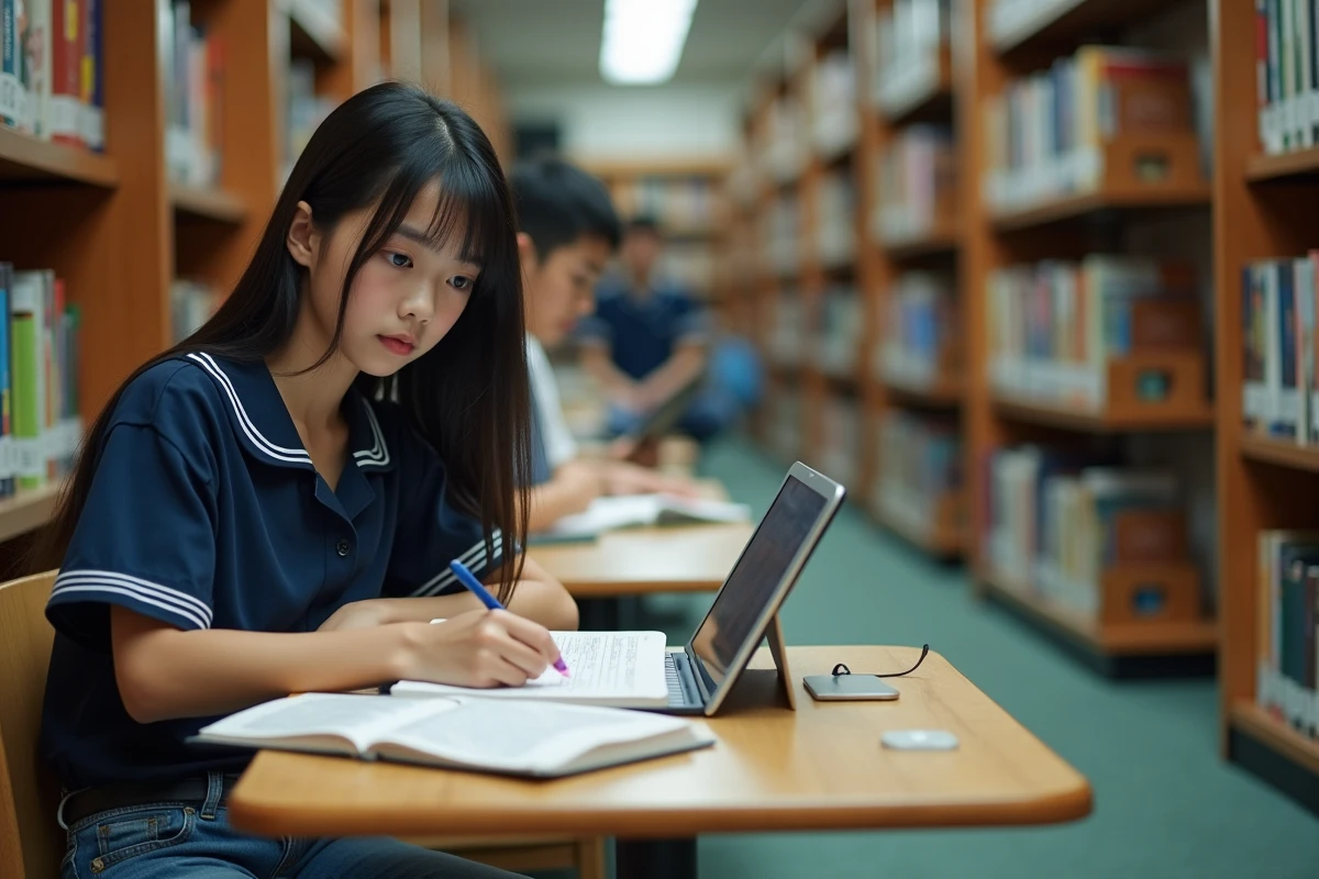 Adolescente découvrant des scans de manga sur une tablette dans une bibliothèque entourée de volumes de manga physiques