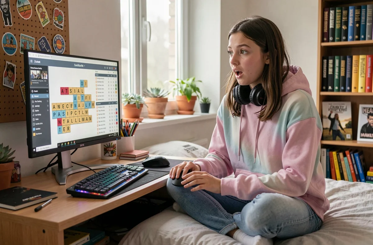 Adolescente jouant à Scrabble avec souris sur ordinateur de bureau dans une chambre moderne