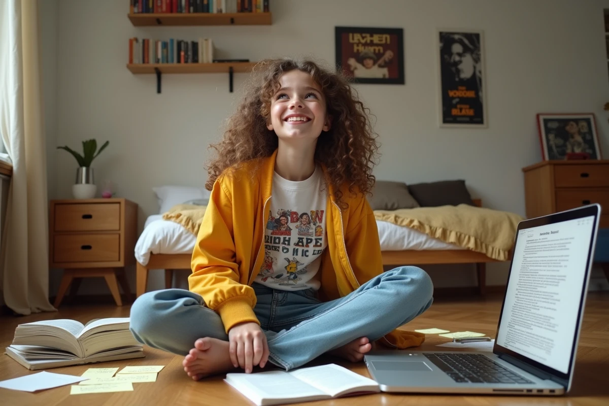 Adolescente en train de traduire et comprendre des paroles de rap sur son ordinateur portable entourée de dictionnaires et notes