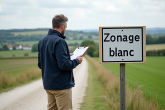 Agent municipal observant panneau zonage blanc à la campagne
