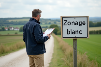 Agent municipal observant panneau zonage blanc à la campagne