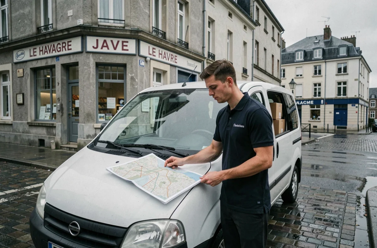 Livreur d'AMD consultant une carte routière sur le capot d'un petit camion blanc dans une rue du bassin havrais