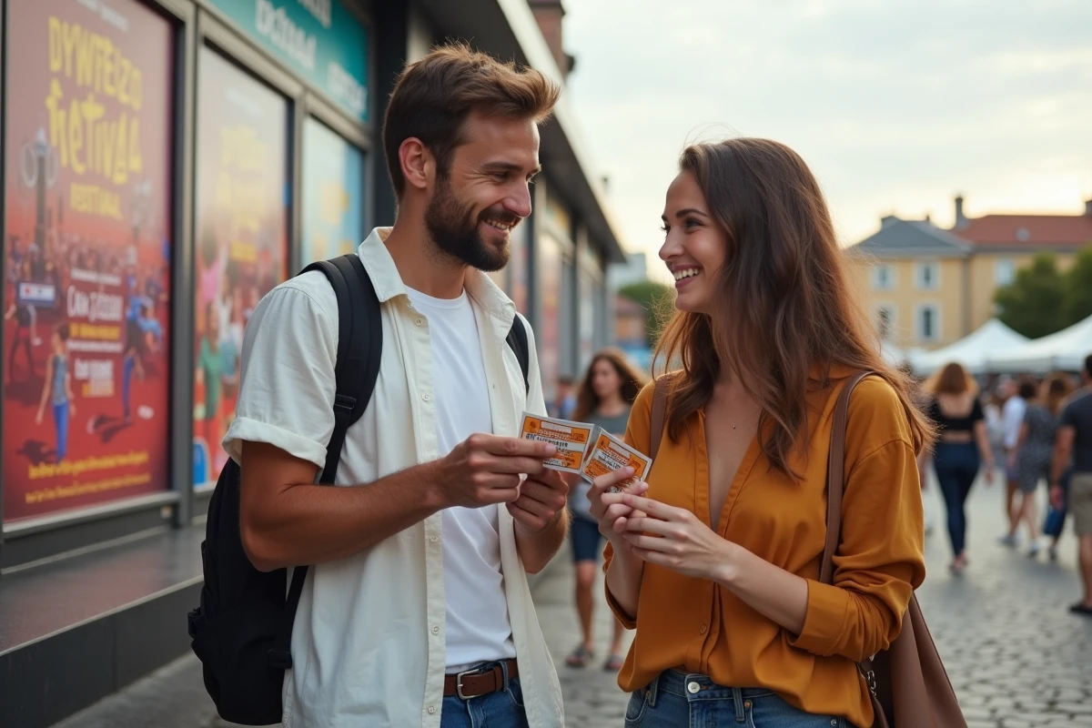 Deux amis vérifient leurs billets de festival en ville
