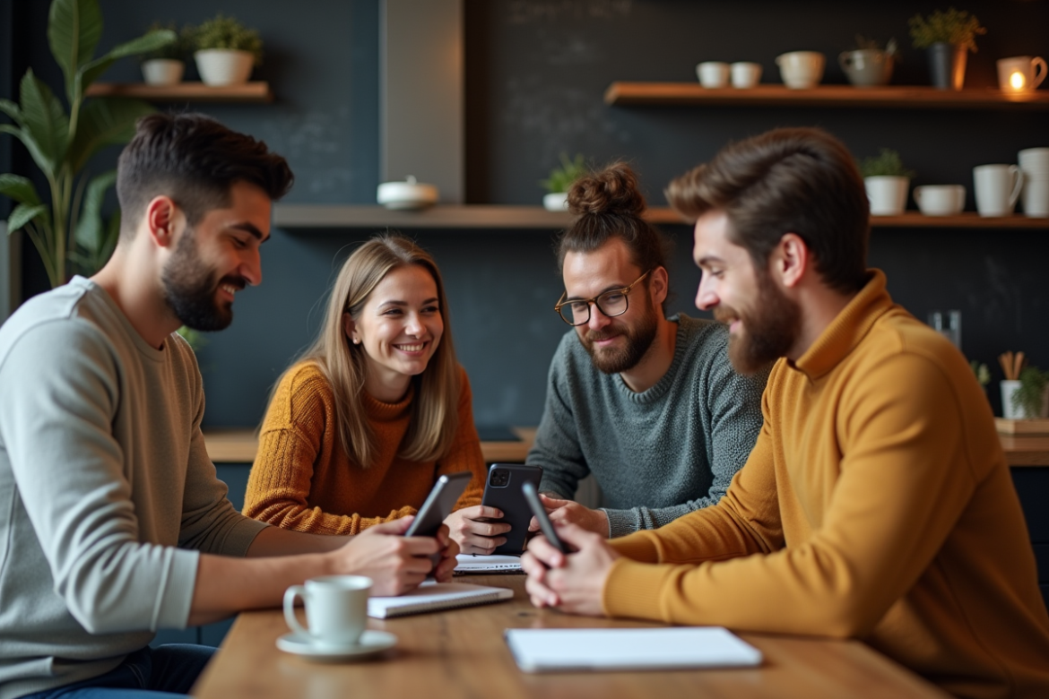 Quatre amis discutant de leurs dépenses dans une cuisine moderne