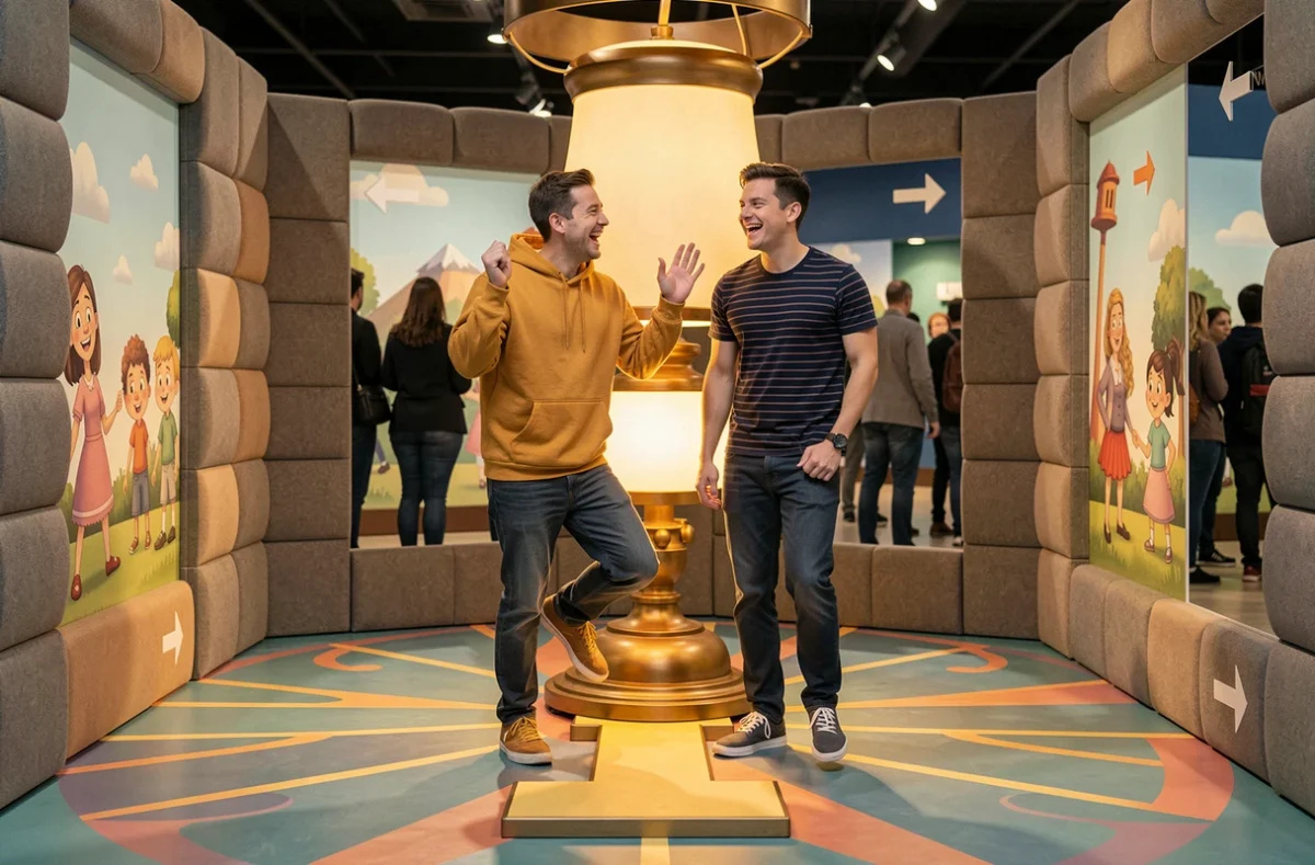 Deux amis s'amusant devant un photo spot thématique Pixar avec la lampe emblématique de la marque