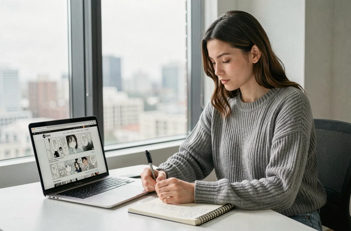 Jeune femme analysant la progression narrative d'un manga isekai sur son ordinateur portable avec des notes manuscrites
