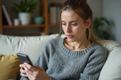 Femme annulant son abonnement Amazon Prime sur smartphone depuis son canapé