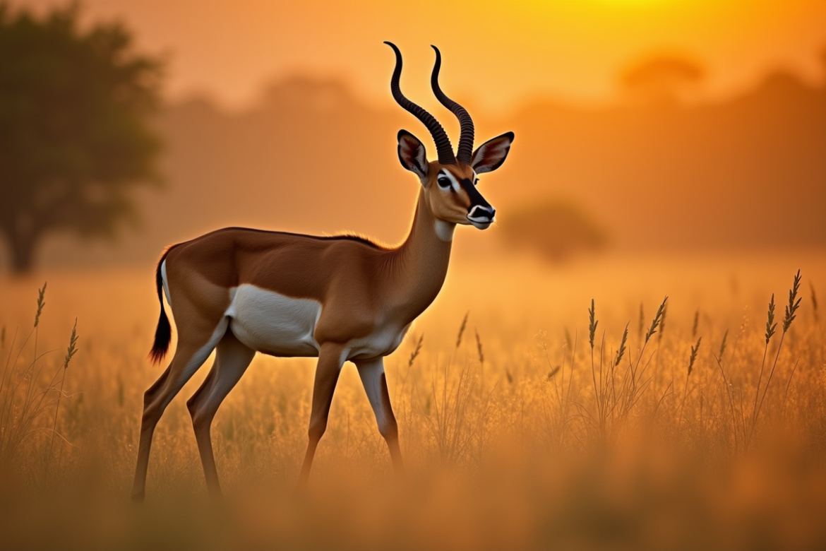Antilope nyala alerte dans l'herbe haute en lumière dorée