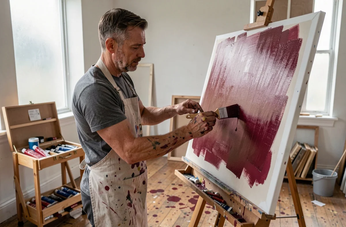 Peintre appliquant un lavis bordeaux sur une grande toile avec un pinceau plat dans un atelier lumineux entouré de tubes de peinture acrylique