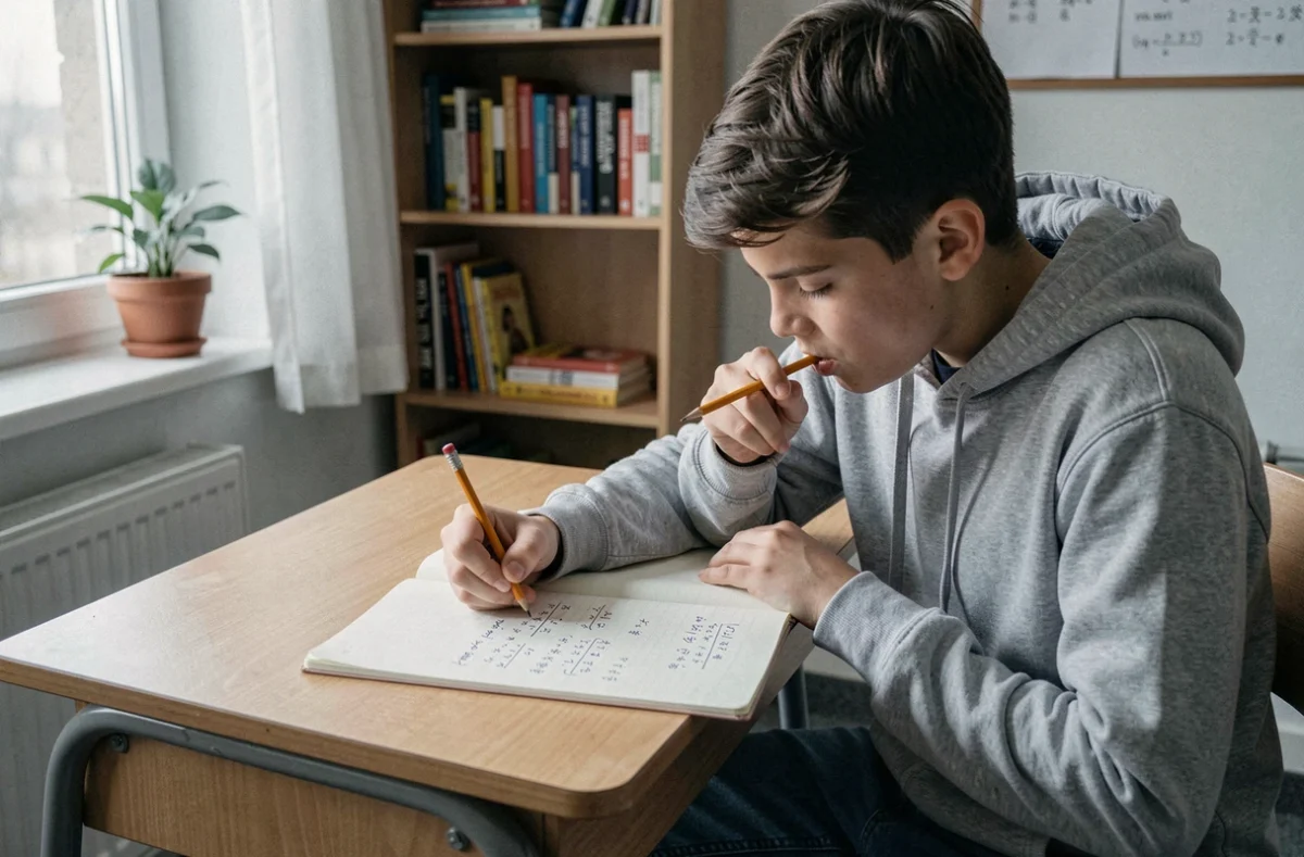 Adolescent révisant la conversion litre centilitre avec des notes manuscrites dans un carnet scolaire