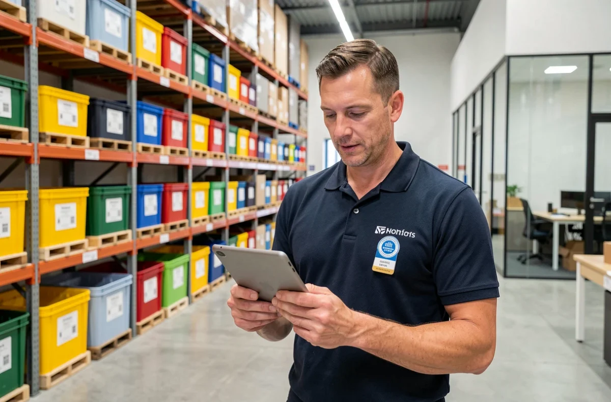 Responsable d'AST Déménagement consultant une tablette dans un entrepôt logistique moderne, avec badge de certification ISO 9001 visible