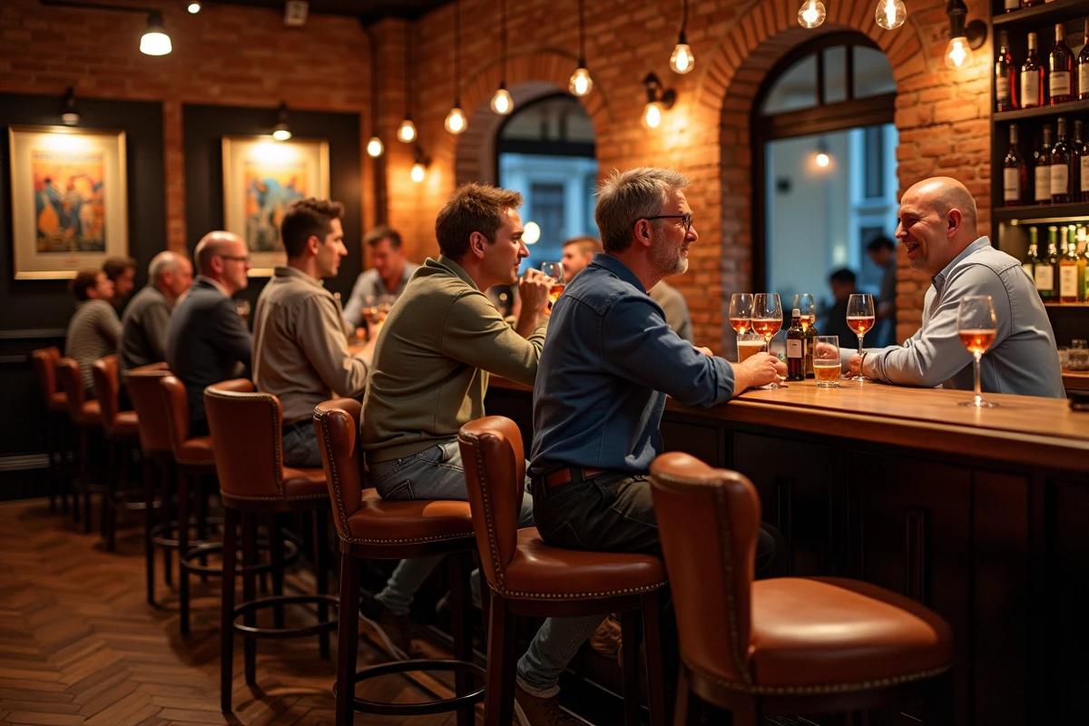 Bar à jazz chaleureux en centre-ville de Toulouse avec des clients attablés après la nocturne du marché