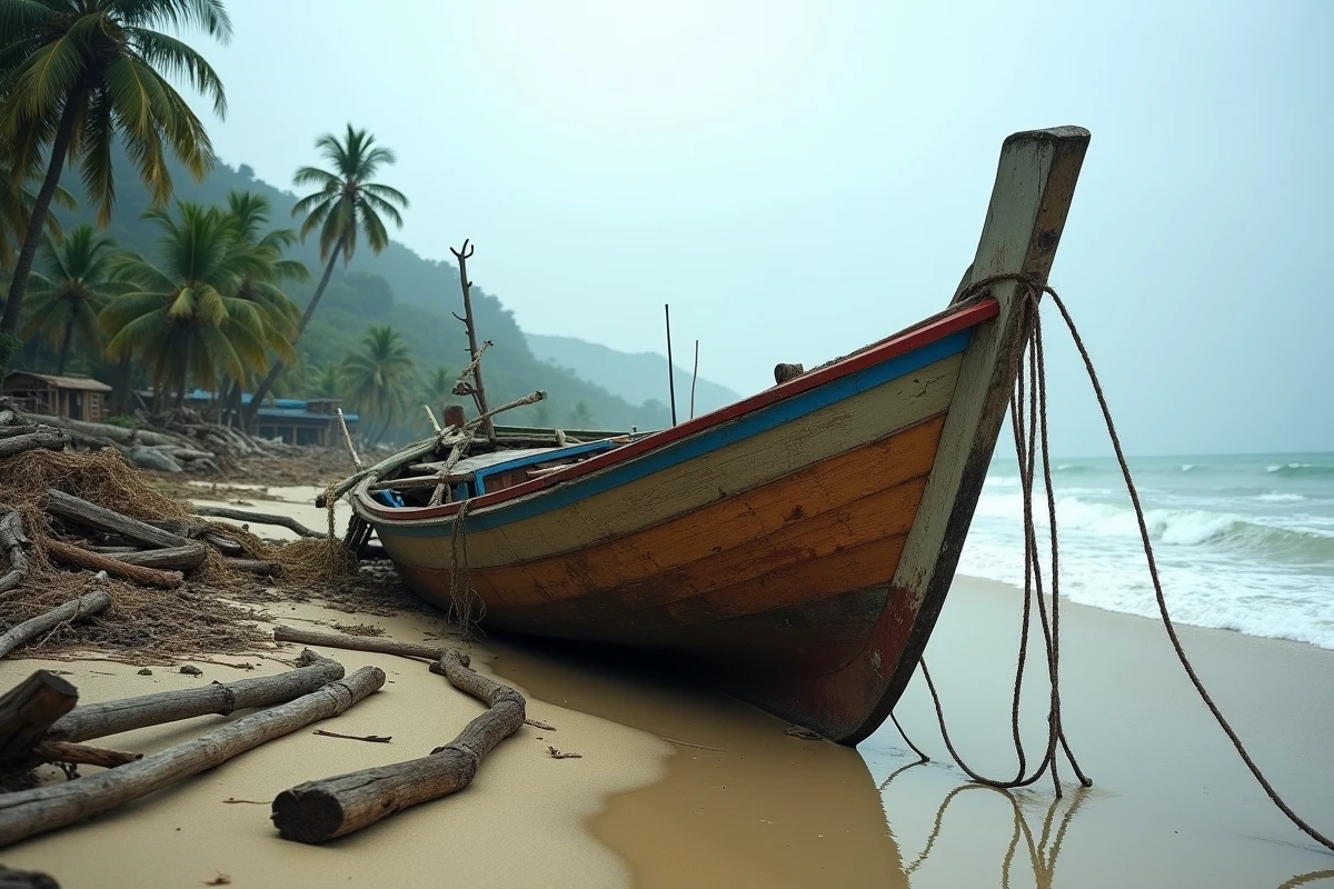 Bateau de pêche thaïlandais échoué sur la plage de Phuket après le tsunami, entouré de débris et de végétation arrachée