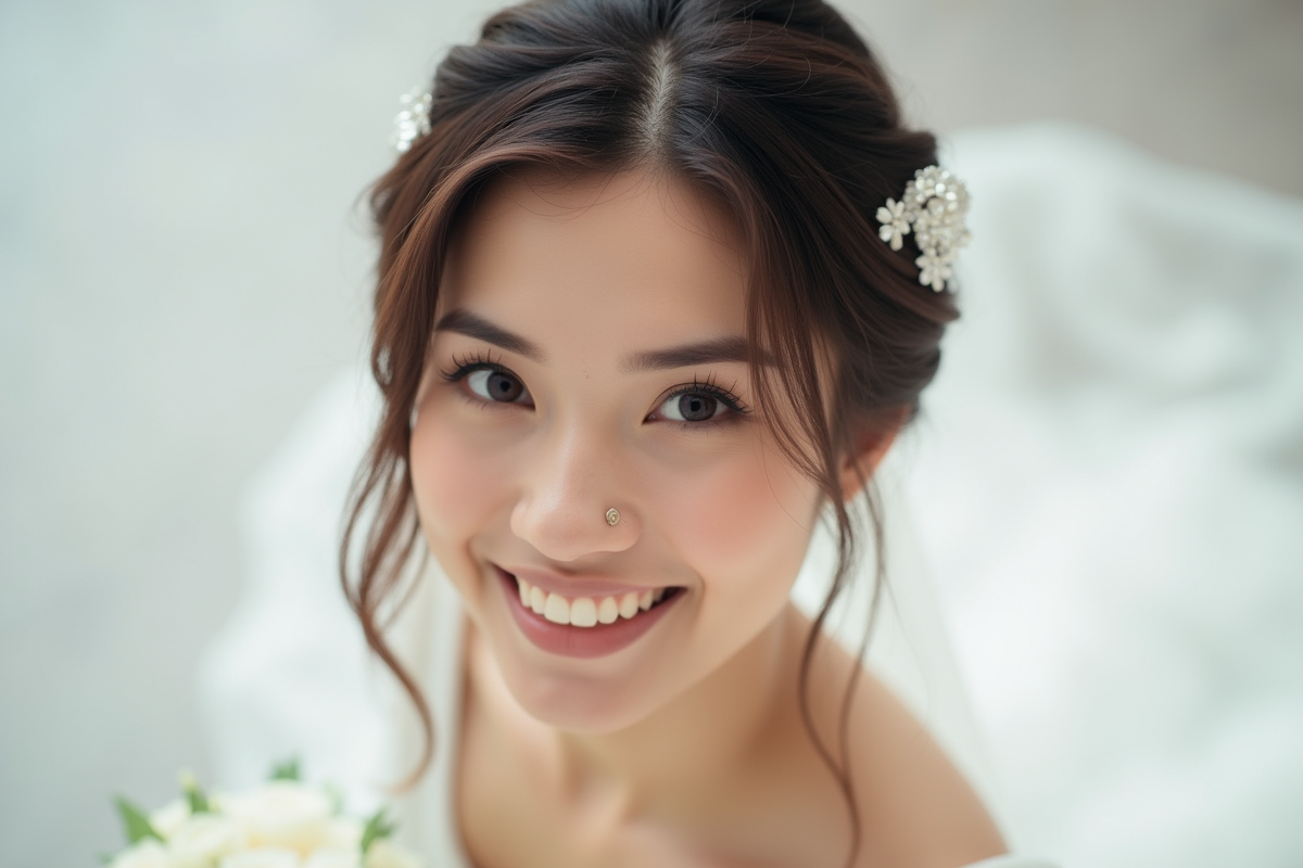 Mariée souriante avec coiffure moderne vue de dessus
