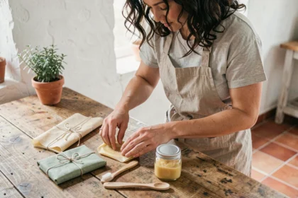 Femme arrangeant des cadeaux écologiques zéro déchet à moins de 5 euros sur une table en bois rustique dans une cuisine naturelle