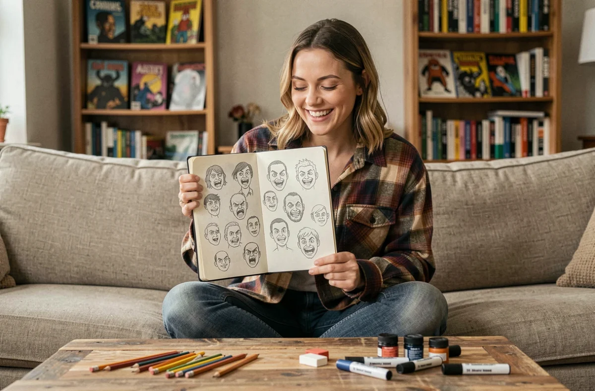 Femme tenant fièrement son carnet de croquis rempli de personnages effrayants et de visages d'horreur dessinés simplement, assise dans un salon décoré de romans graphiques