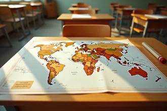 Carte du monde imprimée sur un bureau scolaire avec les pays hispanophones mis en valeur