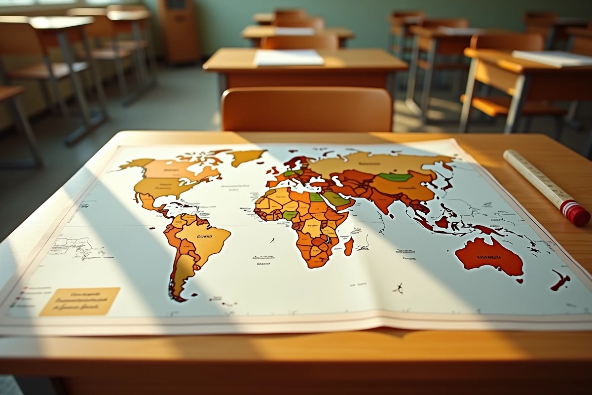 Carte du monde imprimée sur un bureau scolaire avec les pays hispanophones mis en valeur