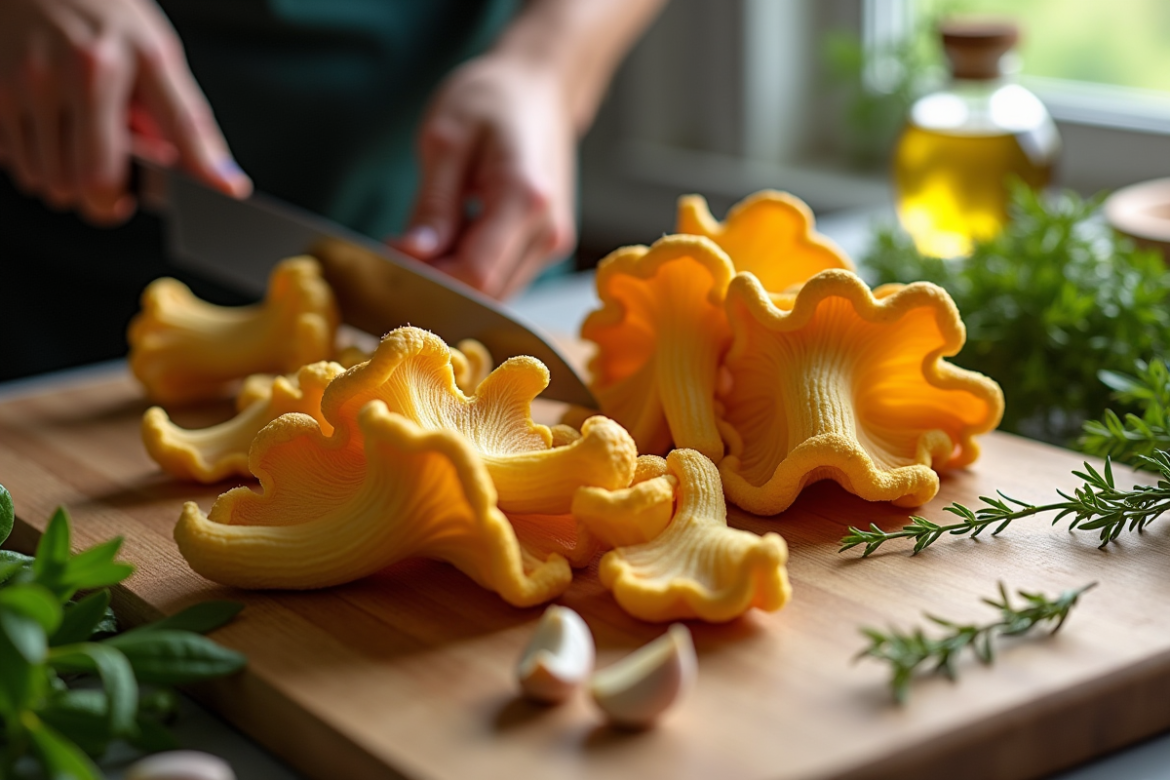 Champignons chanterelles frais tranchés sur une planche en bois