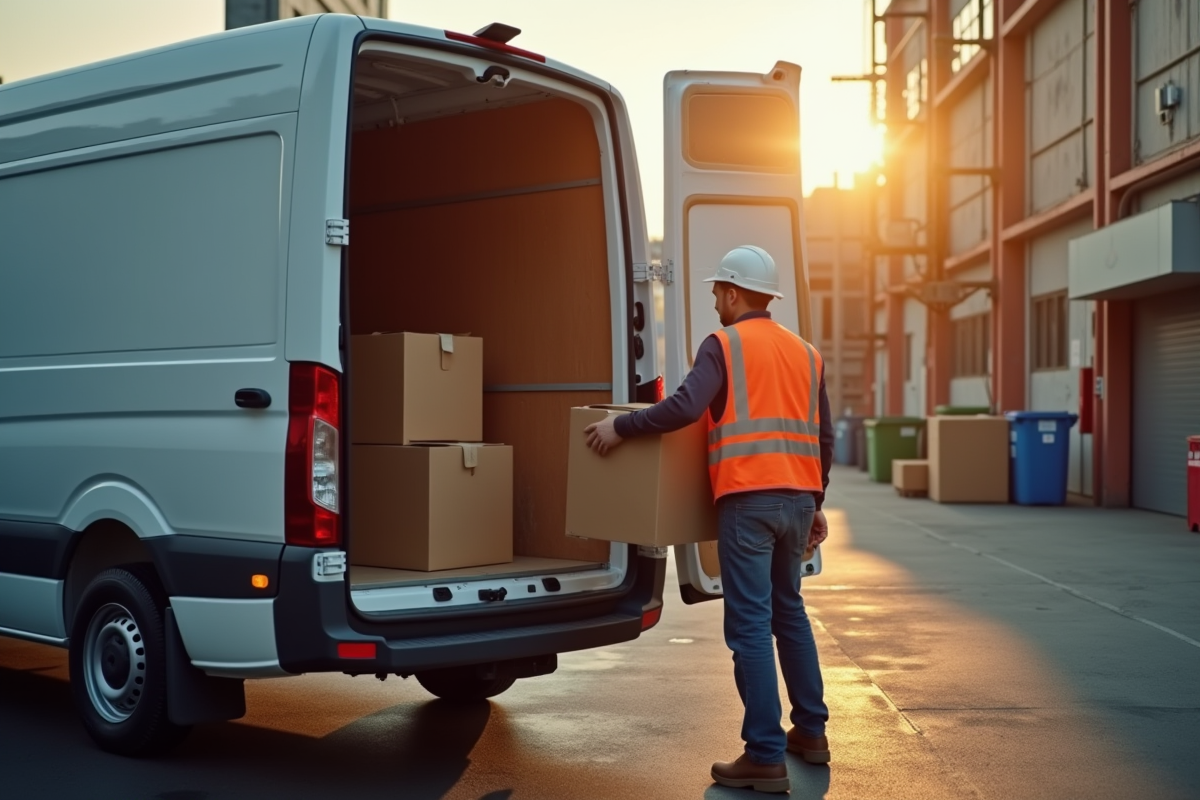 Ouvrier chargeant des cartons dans une camionnette
