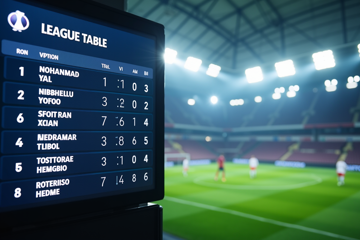 Tableau de classement Ligue 1 affiché sur un écran numérique dans le stade