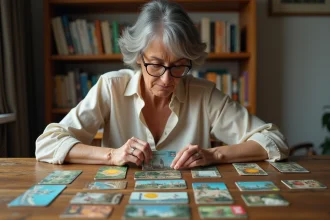 Femme examinant une collection de télécartes vintage françaises des années 90 étalées sur une table en bois