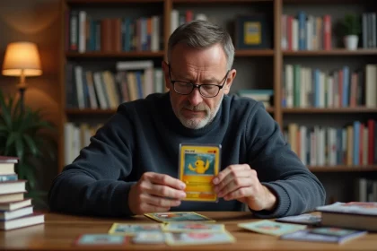 Collectionneur homme inspectant une carte Pokémon rare