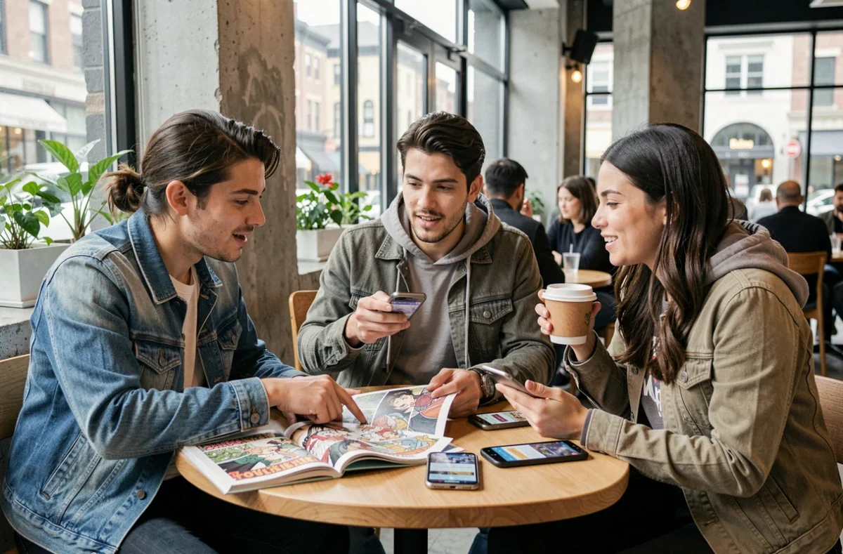 Groupe de jeunes adultes discutant d'un manga isekai japonais en version française autour d'une table de café avec des volumes ouverts