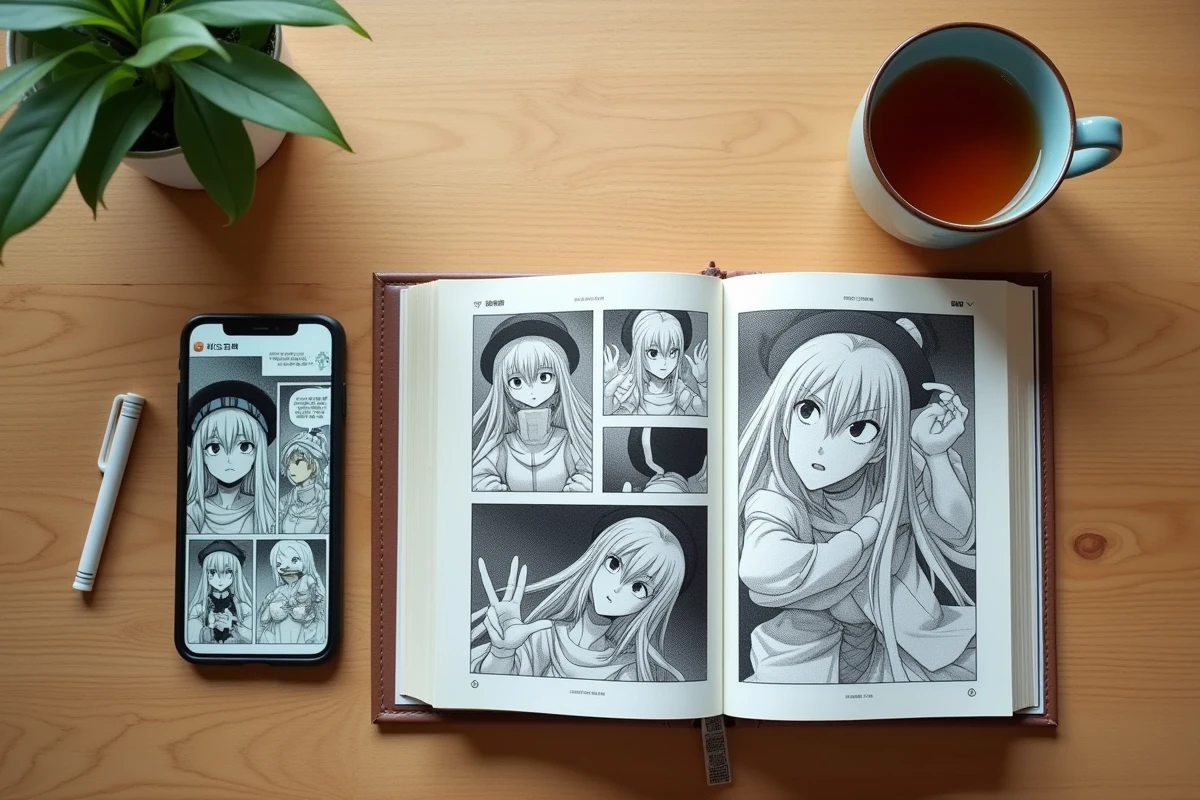 Comparaison entre édition papier manga et lecture numérique sur smartphone, posés sur une table en bois avec une tasse de thé