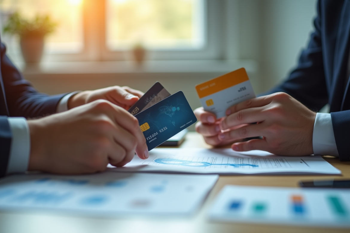 Personne compare cartes bancaires modernes sur un bureau lumineux
