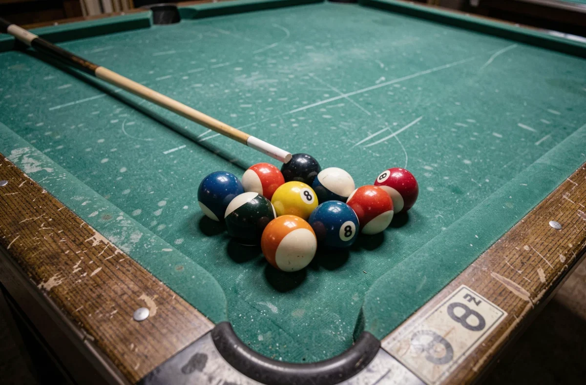 Vue aérienne d'une configuration complexe de billes sur un billard américain avec queue en craie