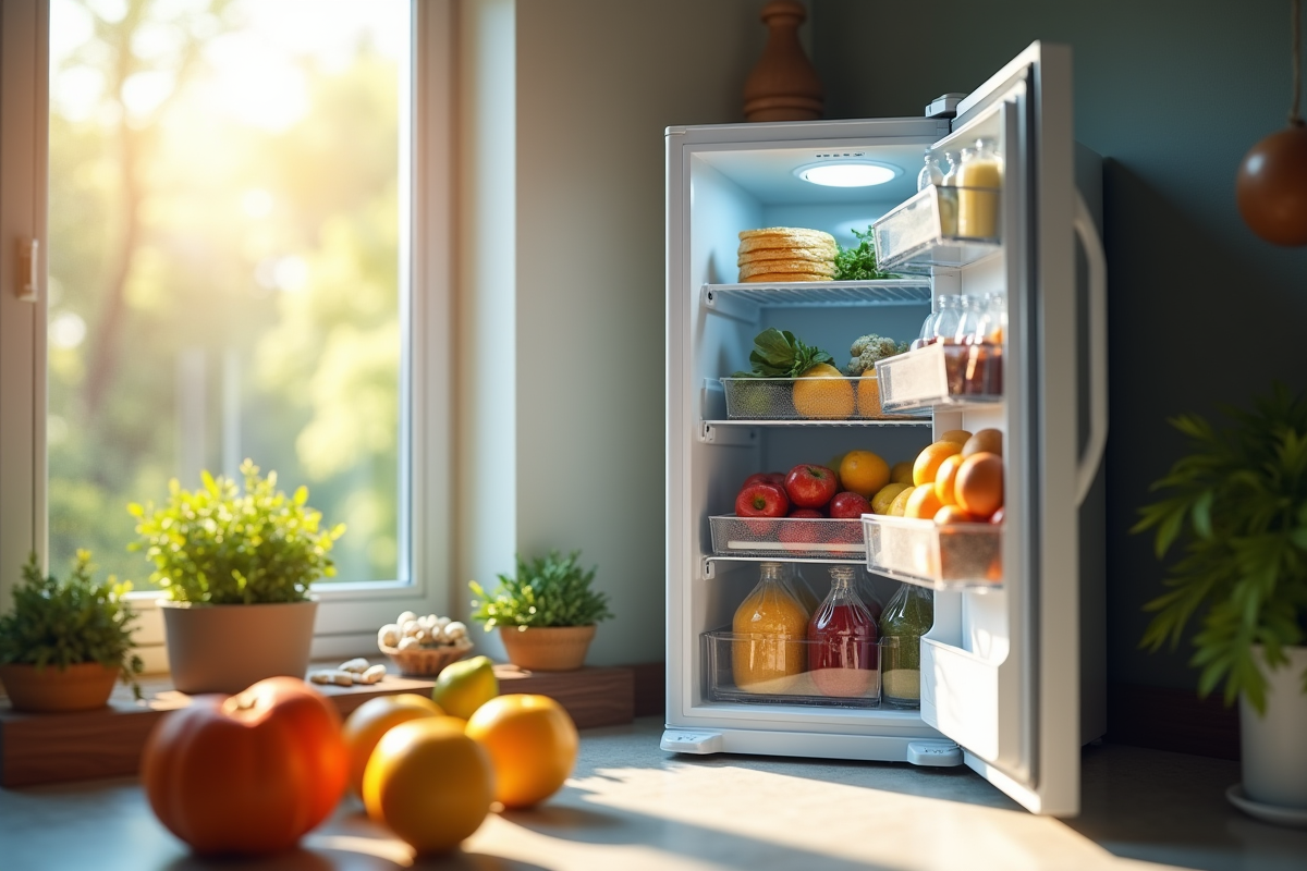 Congélateur ouvert rempli de courses et fruits d
