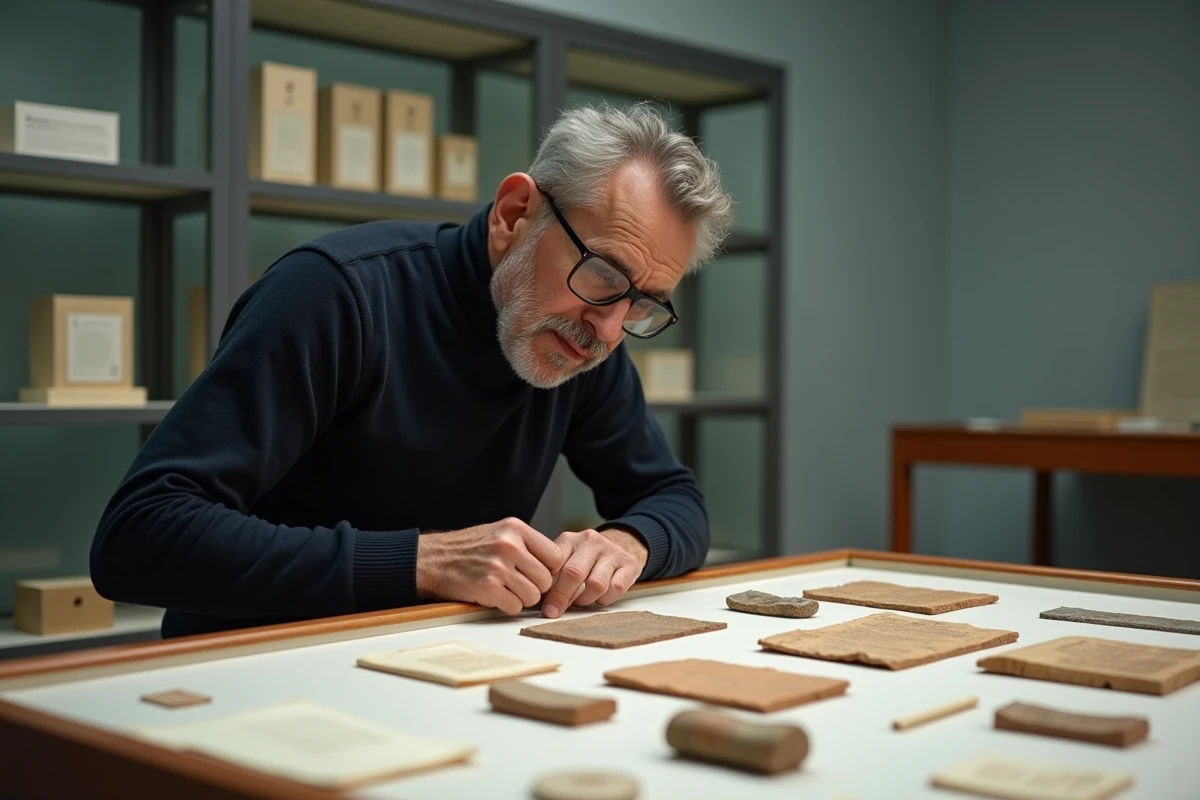 Conservateur de musée étudiant des tablettes d'argile et textes sacrés anciens en salle d'archives