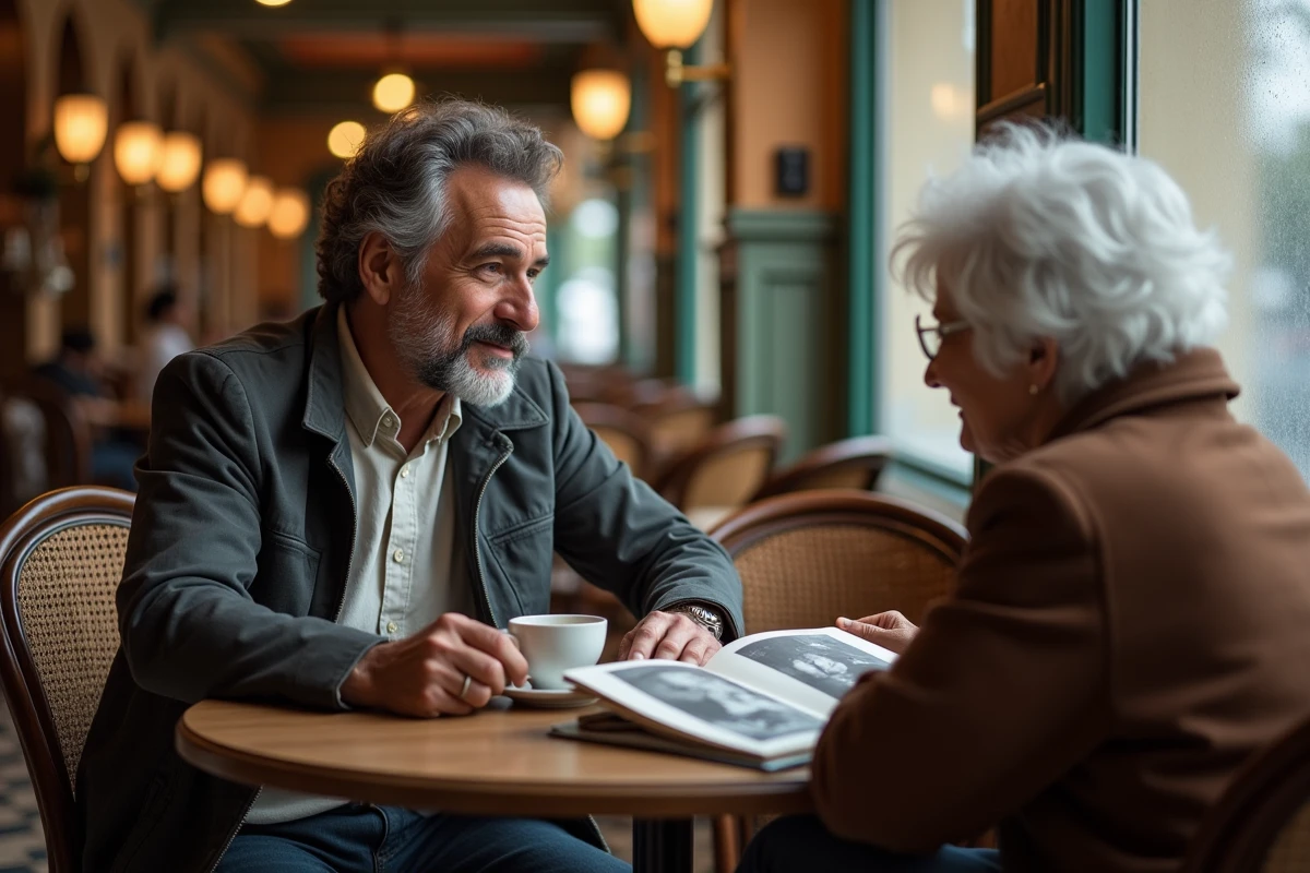 Homme discutant avec une femme âgée de sa famille autour d'un album photo ancien dans une brasserie parisienne, symbolisant la transmission de la mémoire familiale et des origines