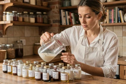 Femme versant un liquide d'un pichet gradué en litres et centilitres dans une cuisine rustique en bois