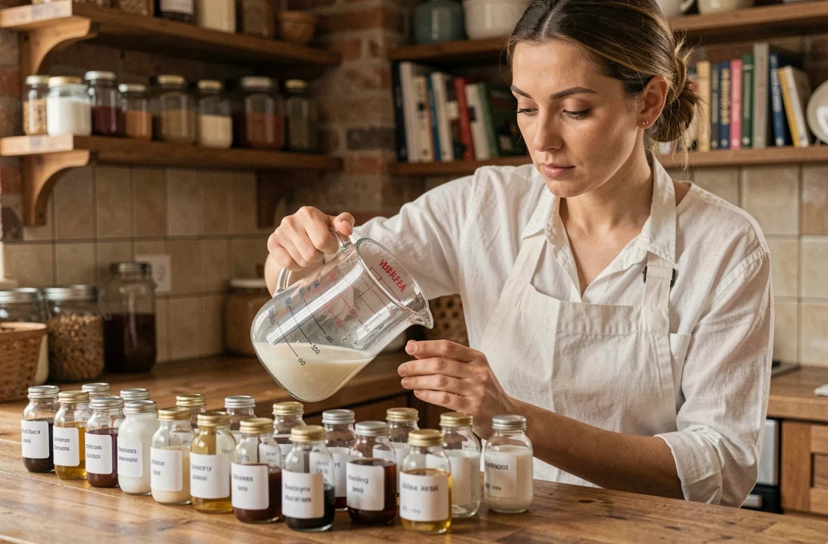Femme versant un liquide d'un pichet gradué en litres et centilitres dans une cuisine rustique en bois