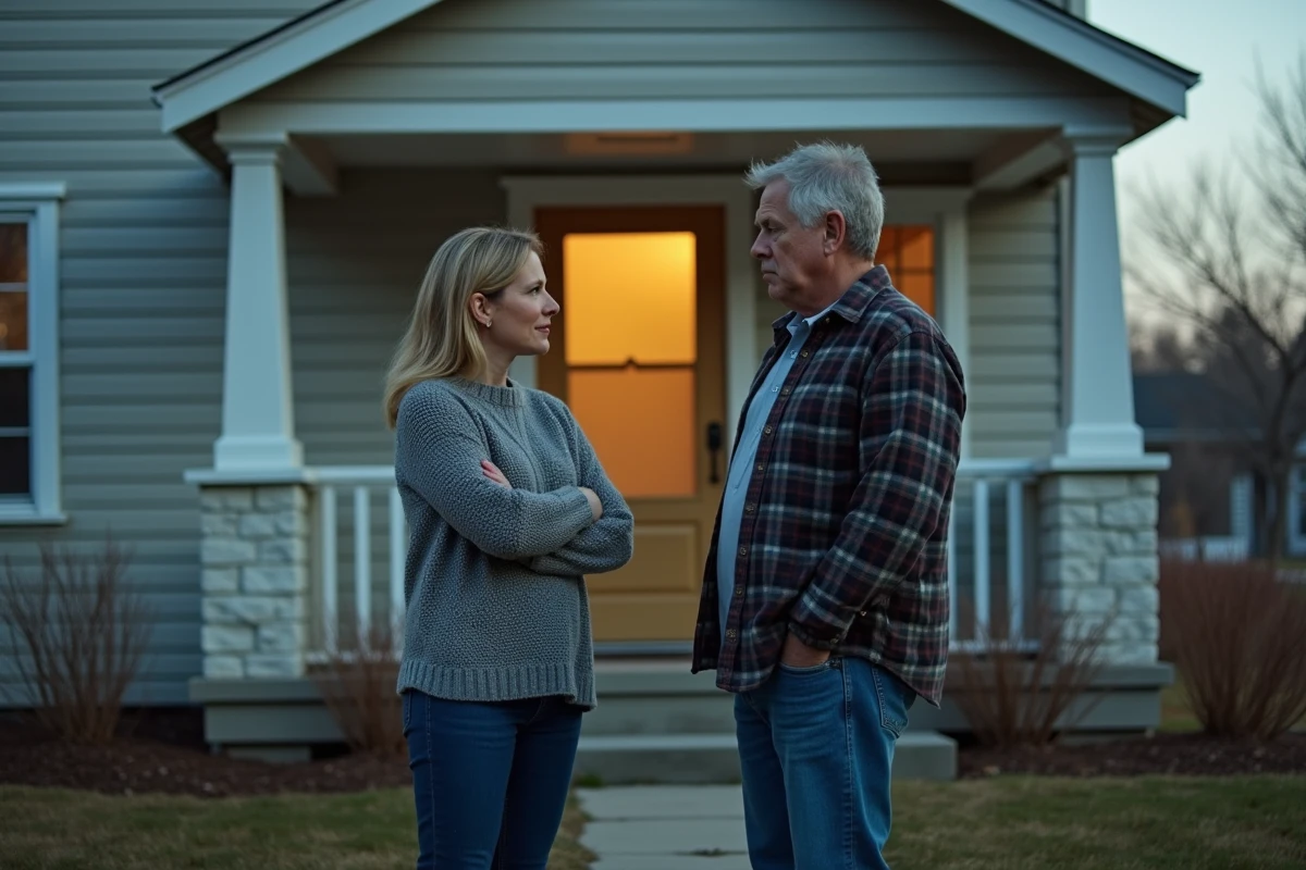 Couple en tension devant la façade d'une maison de banlieue délabrée au crépuscule, illustration de l'intrigue familiale de A House of Dynamite sur Netflix