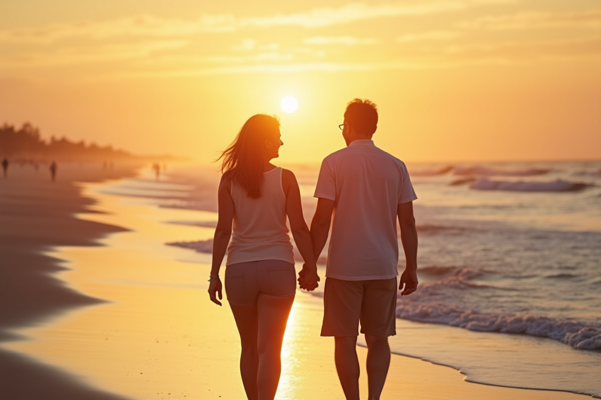 Couple mature main dans la main sur la plage au coucher du soleil