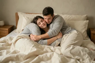 Couple dormant enlacés en position ourson amoureux dans un lit cosy avec draps en lin ivoire