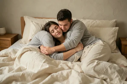 Couple dormant enlacés en position ourson amoureux dans un lit cosy avec draps en lin ivoire