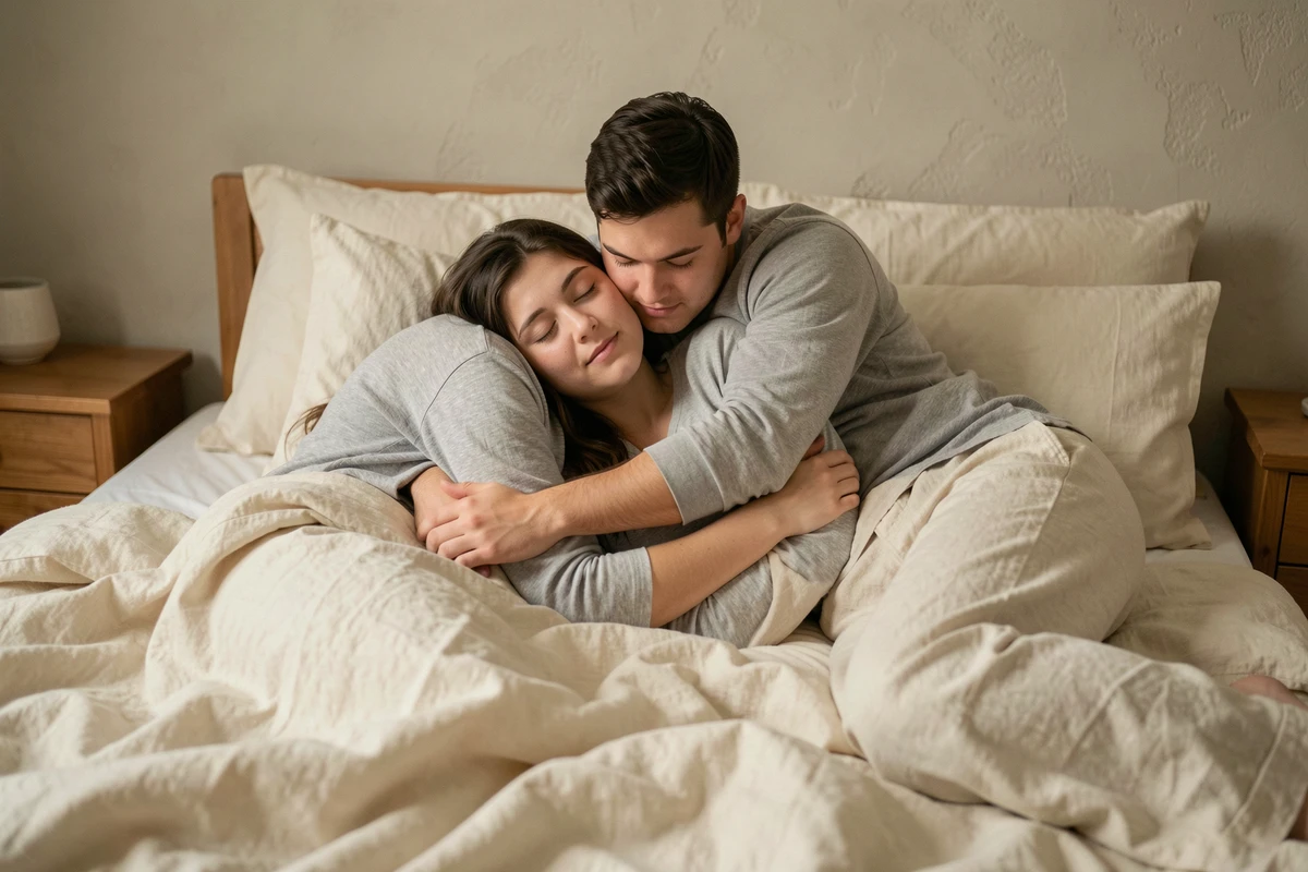 Couple dormant enlacés en position ourson amoureux dans un lit cosy avec draps en lin ivoire
