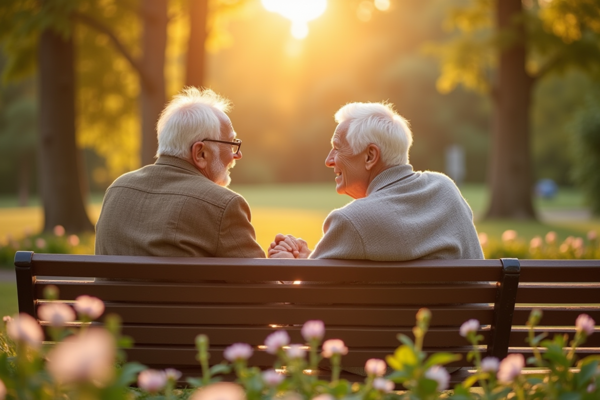 Couple senior main dans la main dans un parc en fleurs