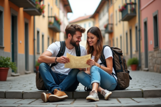 Jeune couple souriant sur les escaliers en Europe