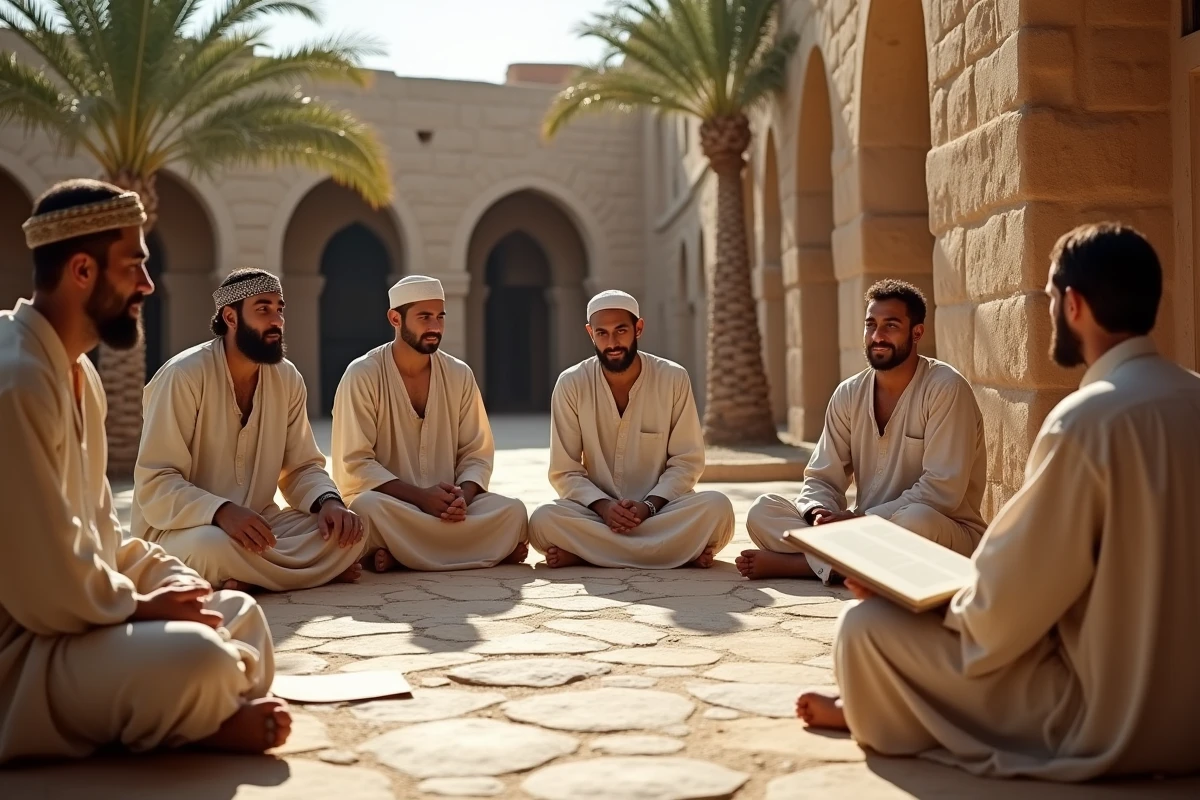 Groupe d hommes écoutant un enseignant dans une cour en Medina