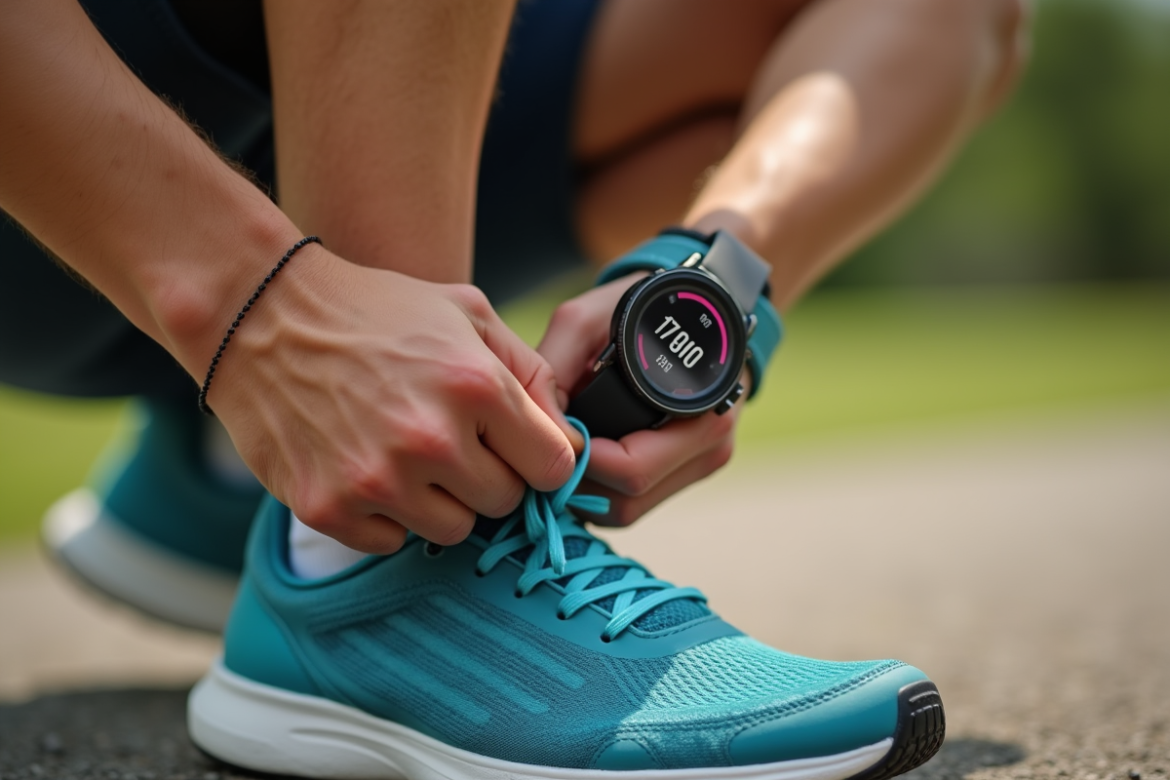 Personne nouant ses chaussures de course en vérifiant une smartwatch affichant 17000 pas