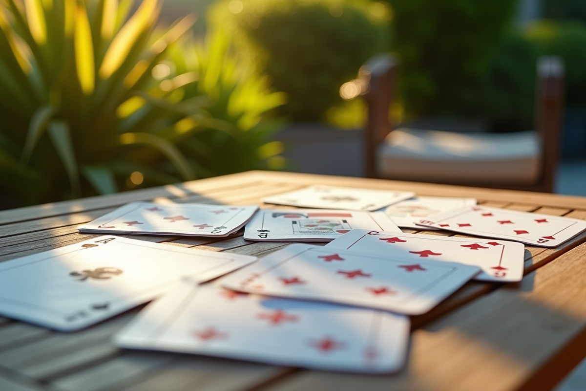Disposition de cartes de crapette sur une table extérieure ensoleillée